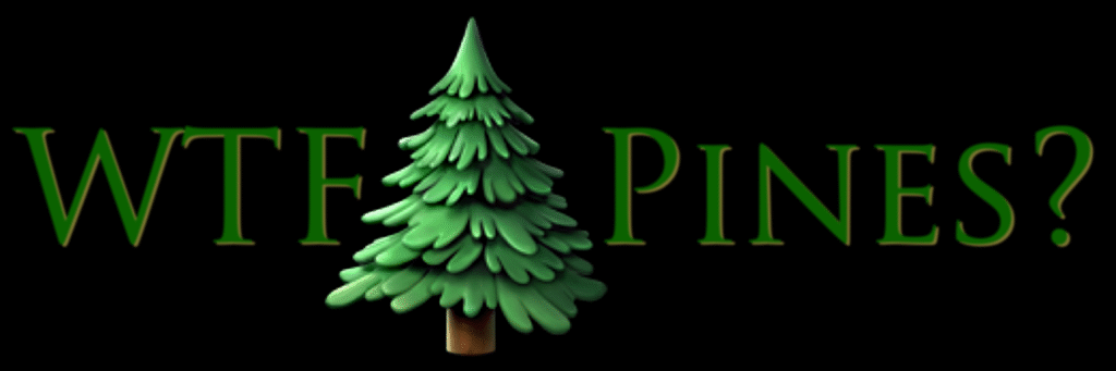 A pine tree emoji standing between the text "WTF" and "Pines?" on a black field