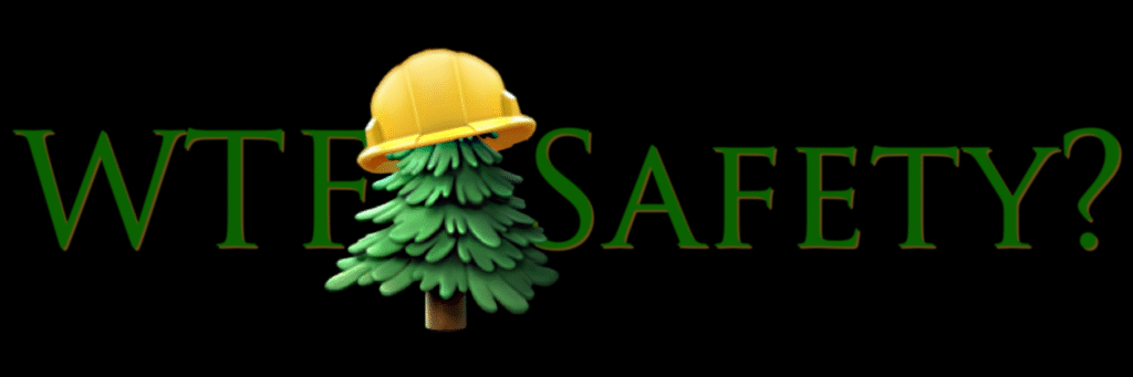 A pine tree emoji wearing a yellow hard hat stands between the text "WTF" and "Safety?" on a black field